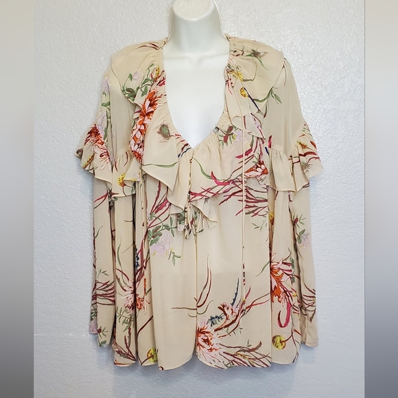 H&M Floral Flounce Ruffle Tiered Blouse Cream Red Green Flowy Boho Top Size XS - Picture 5 of 10